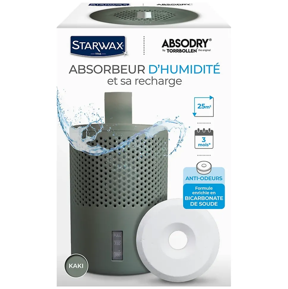 Absorbeur d'humidité compact 25m² vert kaki + 1 tablette 500g Starwax