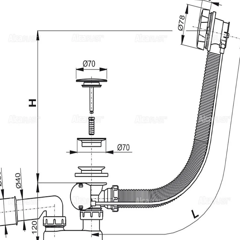 Alca Siphon pour baignoire en métal et plastique (A55KM)