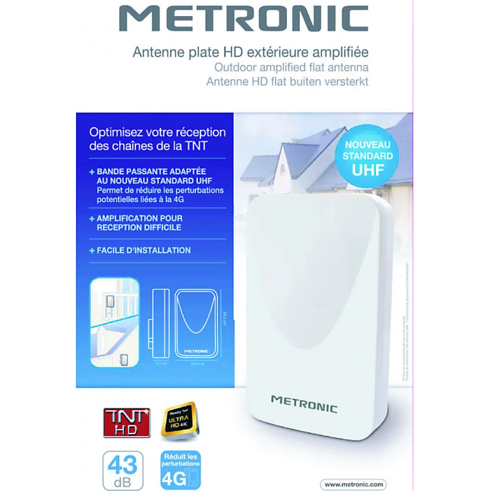 Antenne d'extérieur plate HD amplifiée 43 dB compatible 4K - blanche