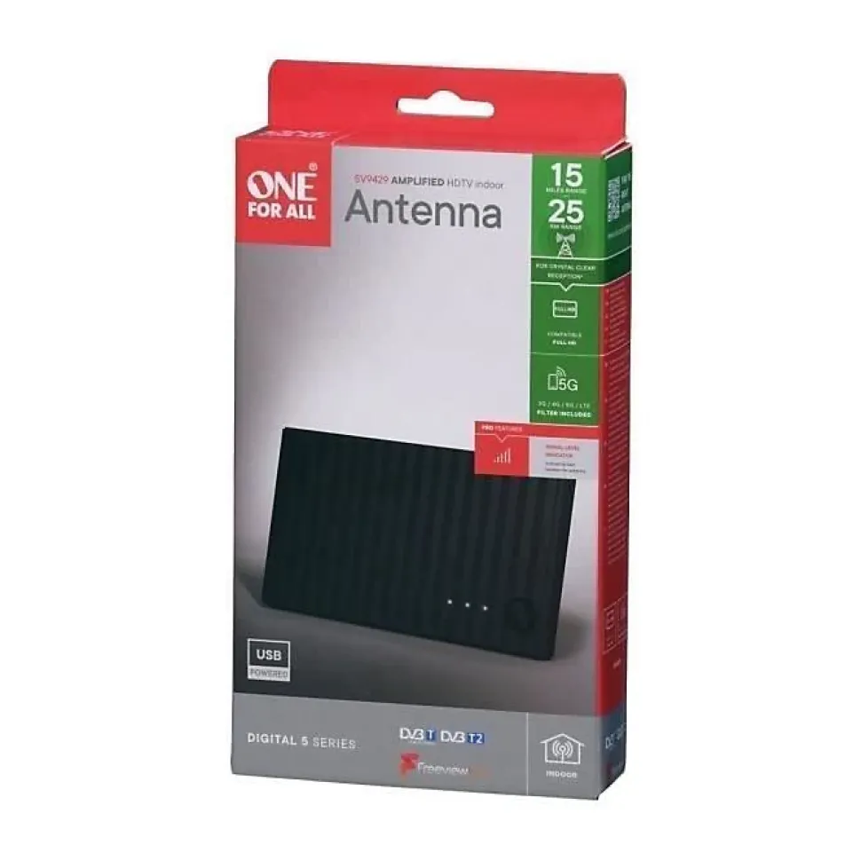 Antenne d'intérieur amplifiée - ONE FOR ALL - Avec portée de réception de 25 km - Signal de réception lumineux
