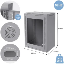 Armoire serveur 19" boîtier réseau murale gris en acier rack 16U 600x450x850 mm