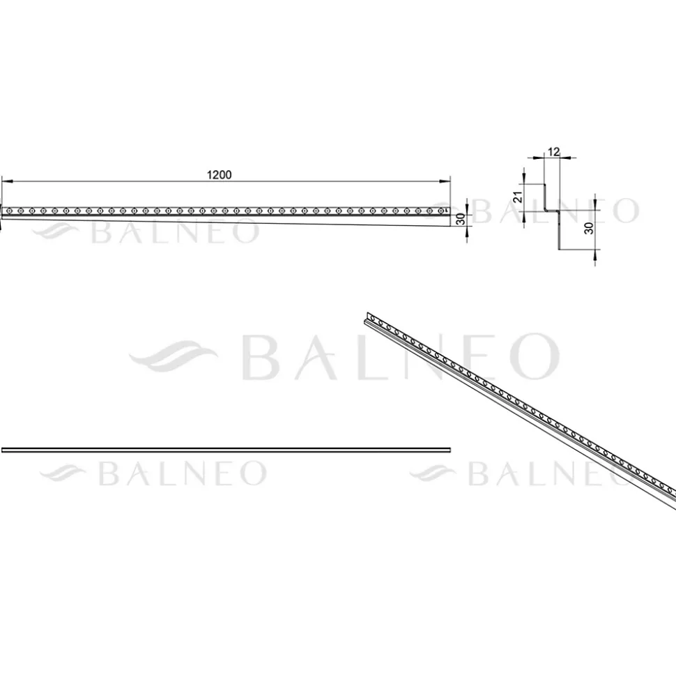 Balneo Profilé murale inclinée à gauche pour douche 120cm, acier inoxydable, finition inox, Pente de 1,5%