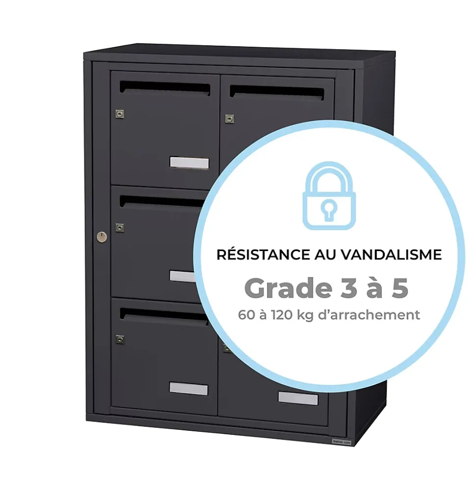 Bloc collectif leabox.com, 2x3, grade 3, simple face, Intérieur, fixation murale, gris anthracite RAL 7016 finition brillante