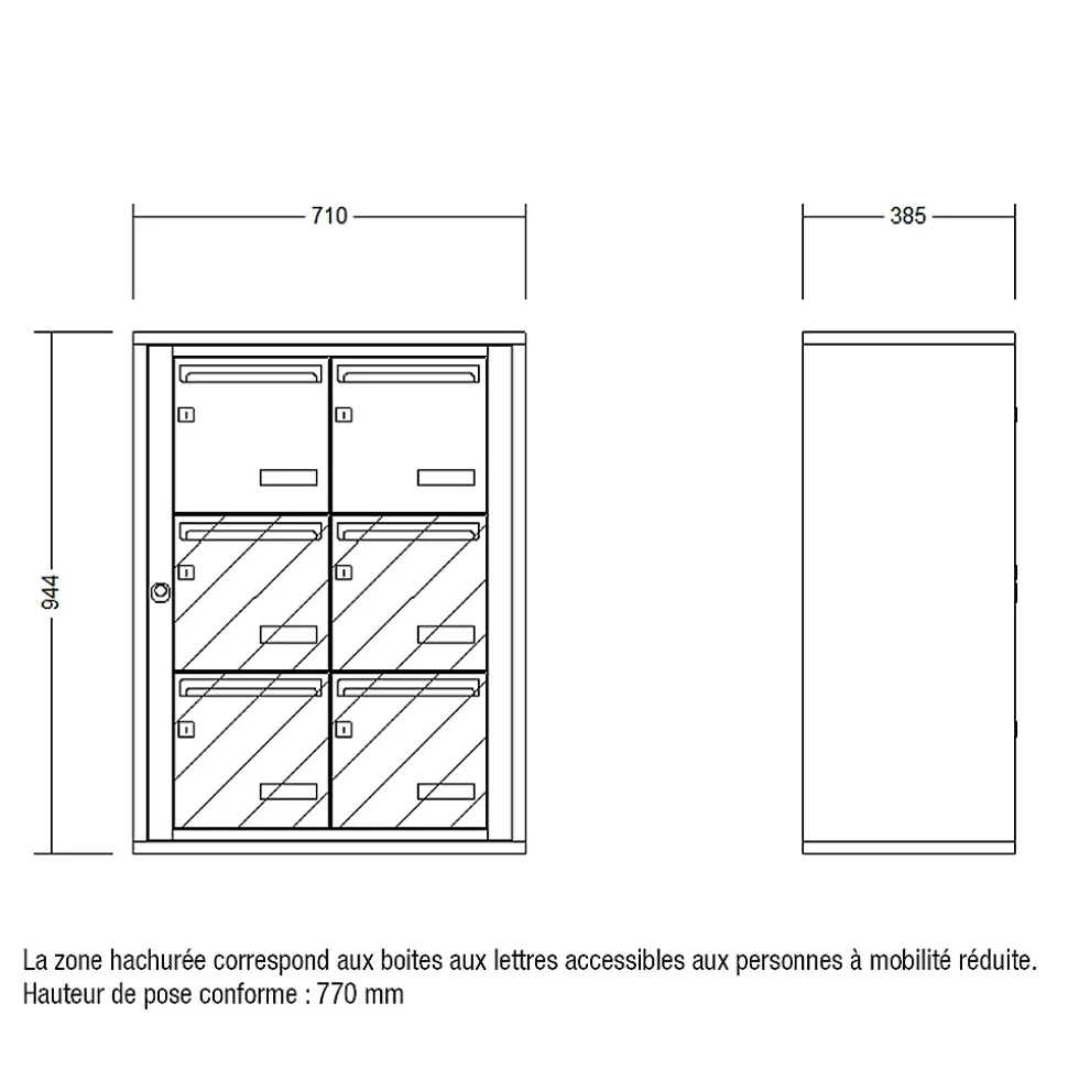 Bloc collectif leabox.com, 2x3, grade 3, simple face, Intérieur, fixation murale, gris anthracite RAL 7016 finition brillante