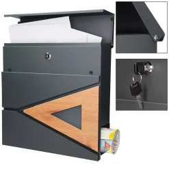 Boite aux lettres anthracite, aspect bois avec rouleau a journaux et pied support