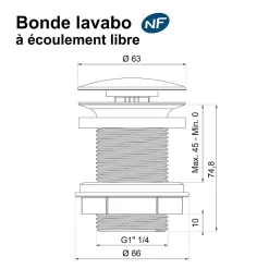 Bonde de lavabo à écoulement libre Ø 63 mm laiton Rousseau effet or