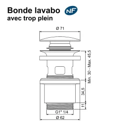 Bonde de lavabo ø 63 mm Rousseau avec clapet clic clac ou fixe effet canon de fusil