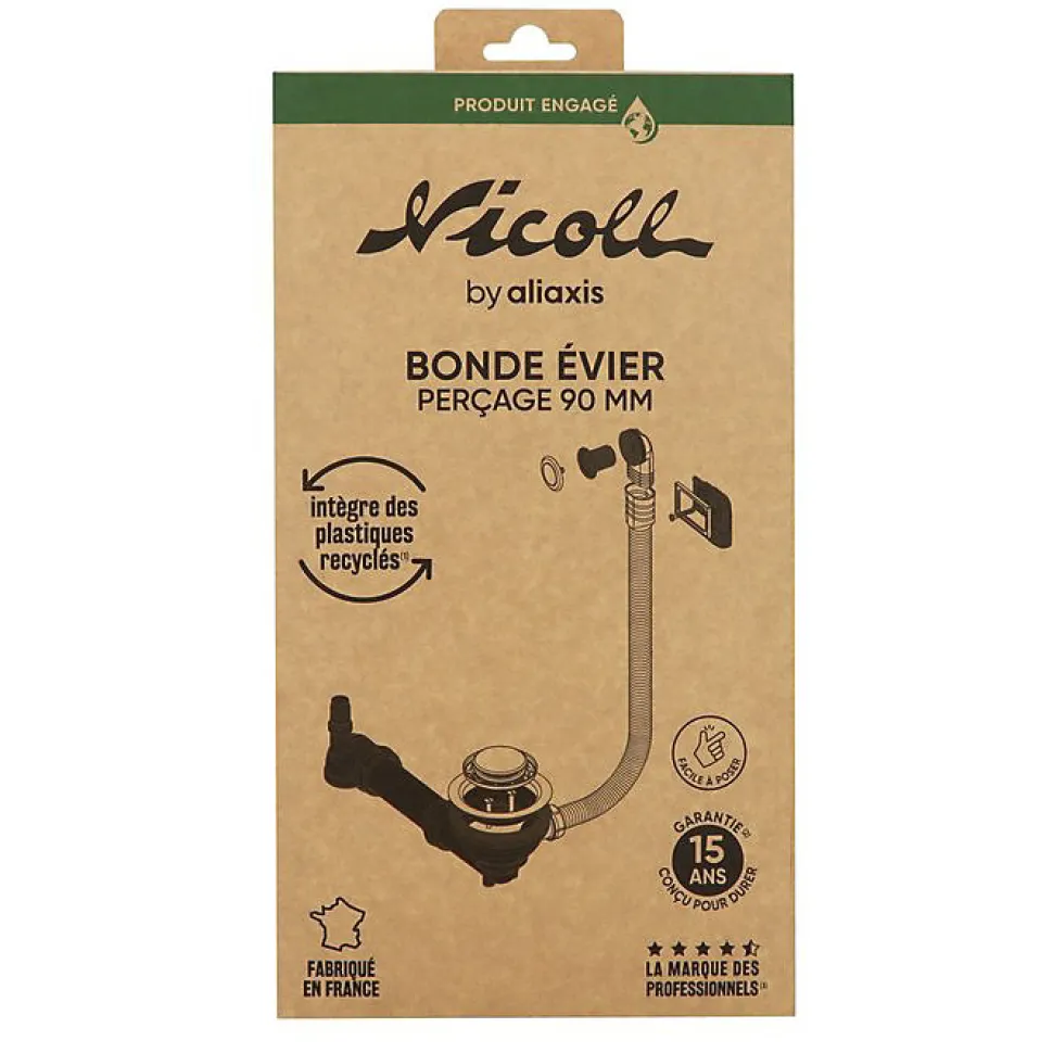 Bonde d'évier à panier - NICOLL - Diamètre90mm - Matières recyclées - Tubulure gain de place