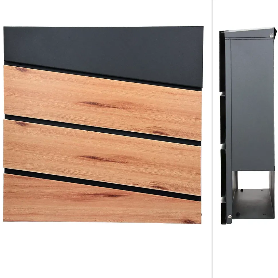 Boîte aux lettres anthracite / imitation bois avec support argenté en acier