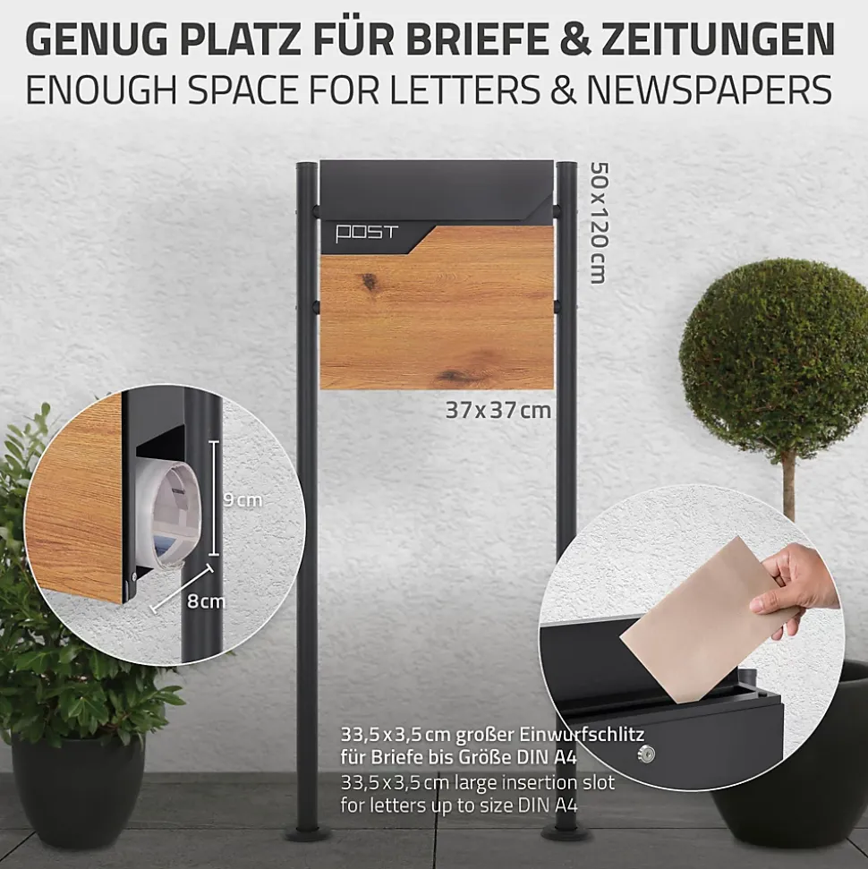 Boîte aux lettres sur pieds boîte postale anthracite imitation bois avec support