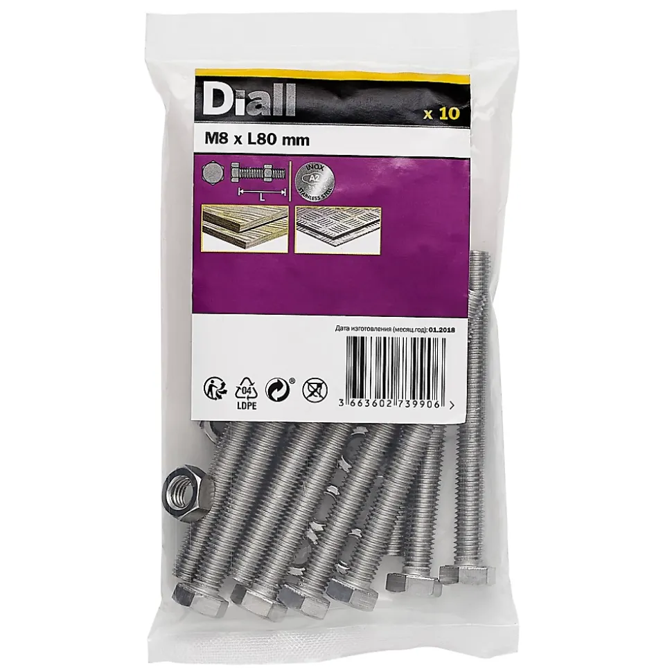 10 boulons tête héxagonale inox 8 x 80 mm