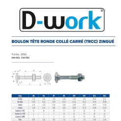 50 Boulons Tête Ronde Collet Carré TRCC 8 x 130 mm - DIN 603 - Zingué blanc - D-Work