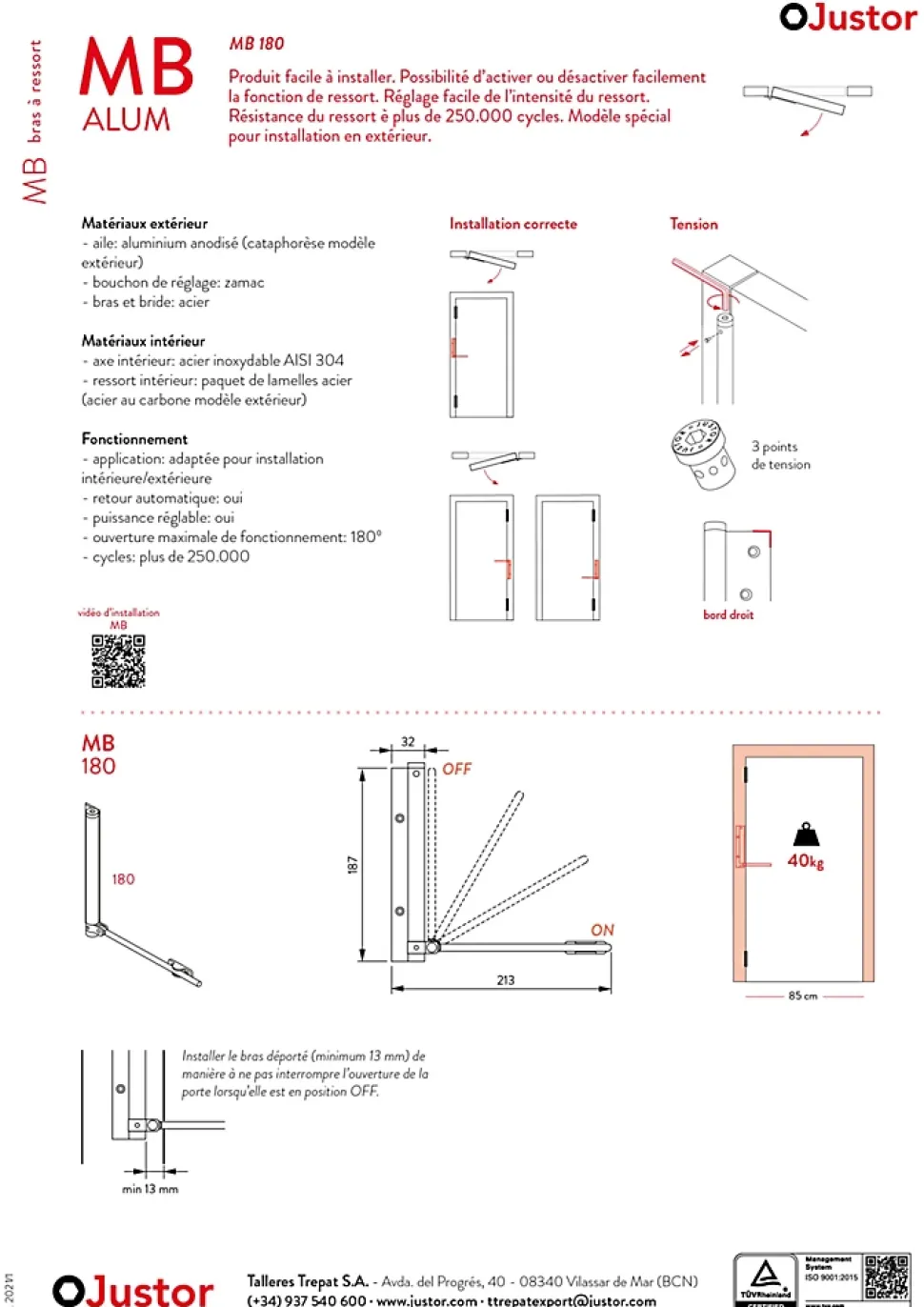 Bras à ressort ferme porte, a corps très fin en Aluminium anodisé bronze