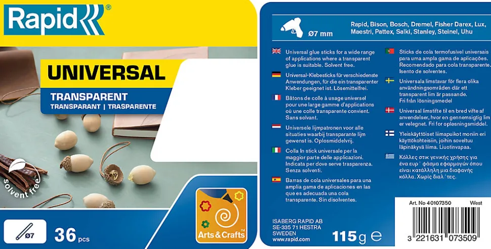 14 Bâtons de colle transparente universelle 12 mm Rapid 125 G