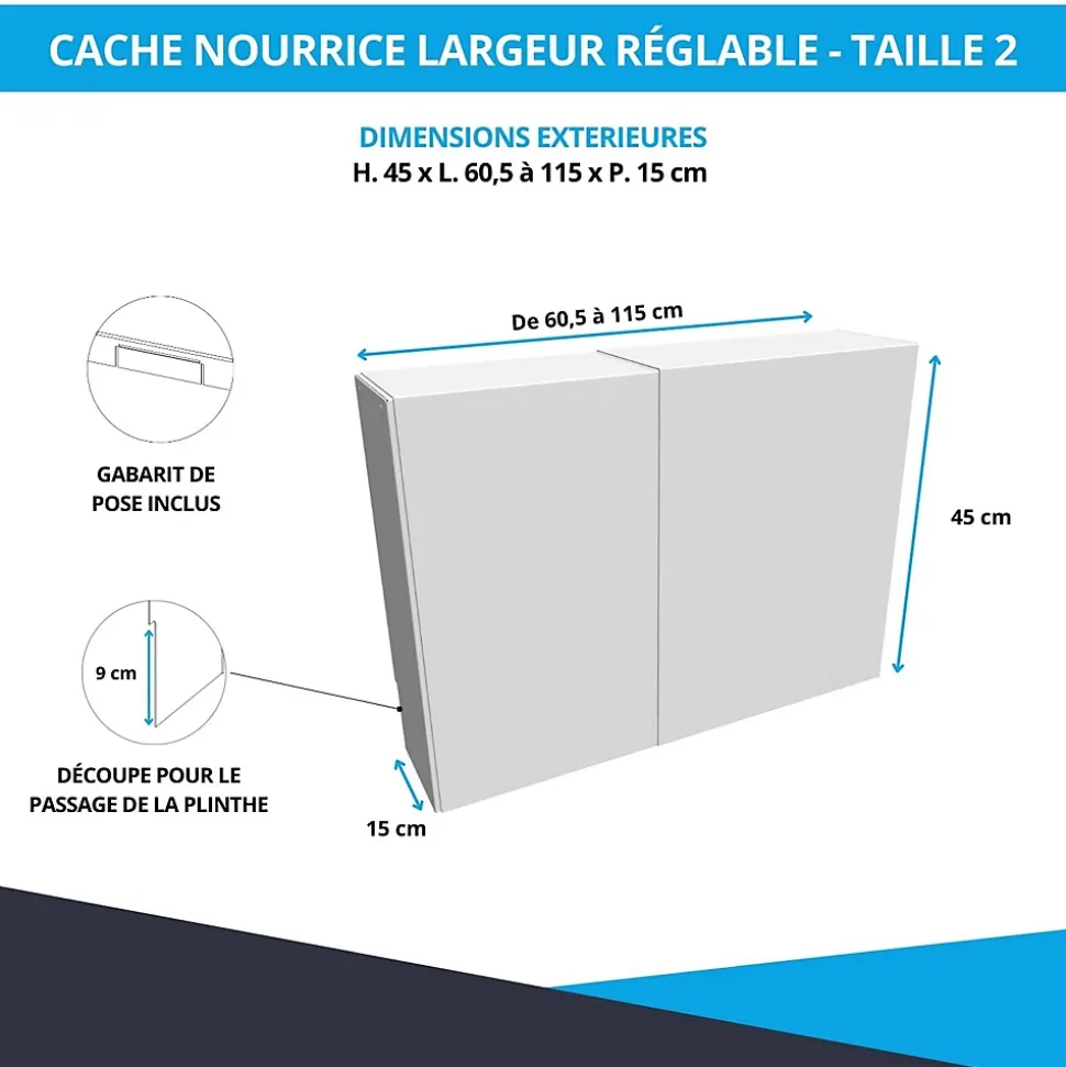 Cache nourrice plomberie ATOLE en acier Blanc - Largeur réglable - Taille 2 : 450 x 605 à 1150 x 150 mm