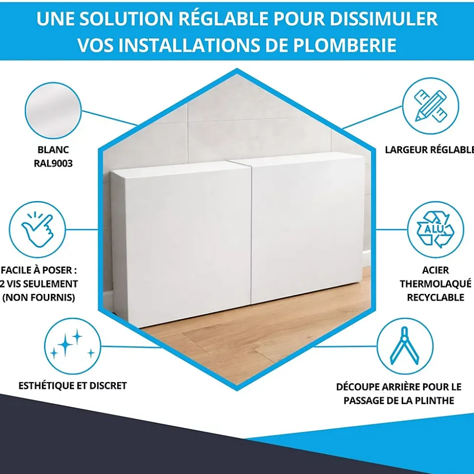 Cache nourrice plomberie ATOLE en acier Blanc - Largeur réglable - Taille 2 : 450 x 605 à 1150 x 150 mm