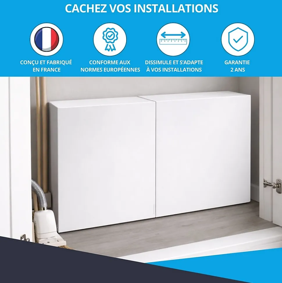 Cache nourrice plomberie ATOLE en acier Blanc - Largeur réglable - Taille 3 : 650 x 355 à 650 x 150 mm