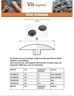 Cache vis Tête fraisée TORX TORX T20 Diamètre de tête: 12 Nylon RAL9010 blanc pur - 1 pièce