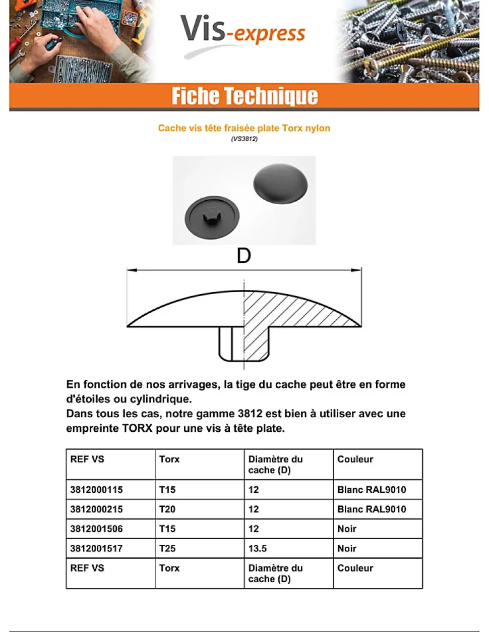 Cache vis Tête fraisée TORX TORX T20 Diamètre de tête: 12 Nylon RAL9010 blanc pur - 1 pièce