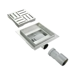 Caniveau de douche carré motif quadrillé DOMEO 12 x 12 cm siphon anti-odeurs, drainage 36l/min, h. réglable SANIVERRE