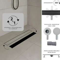 Caniveau de douche 2en1 VINY L.100 cm, réversible à carreler ou inox noir + siphon 360, drainage 36l/min - SANIVERRE