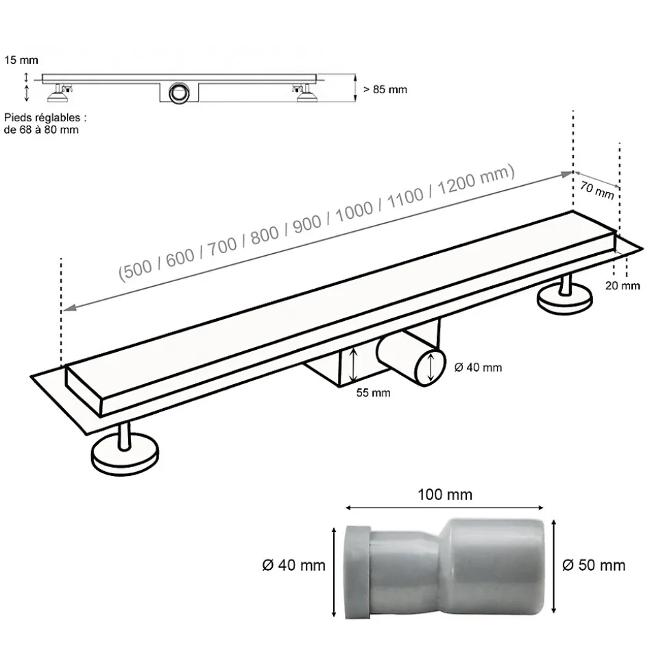 Caniveau de douche Italienne DALA inox L.120 cm anti-odeurs + filtre, drainage performant -SANIVERRE