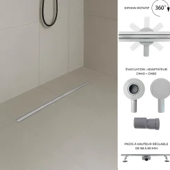 Caniveau de douche italienne étroit TIKA L.90 cm acier inoxydable avec siphon 360, drainage 36l/min SANIVERRE