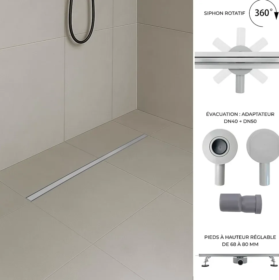 Caniveau de douche italienne étroit TIKA L.90 cm acier inoxydable avec siphon 360, drainage 36l/min SANIVERRE