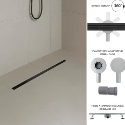 Caniveau de douche italienne étroit noir SAMY L.50 cm siphon 360, drainage 36l/min, hauteur réglable SANIVERRE