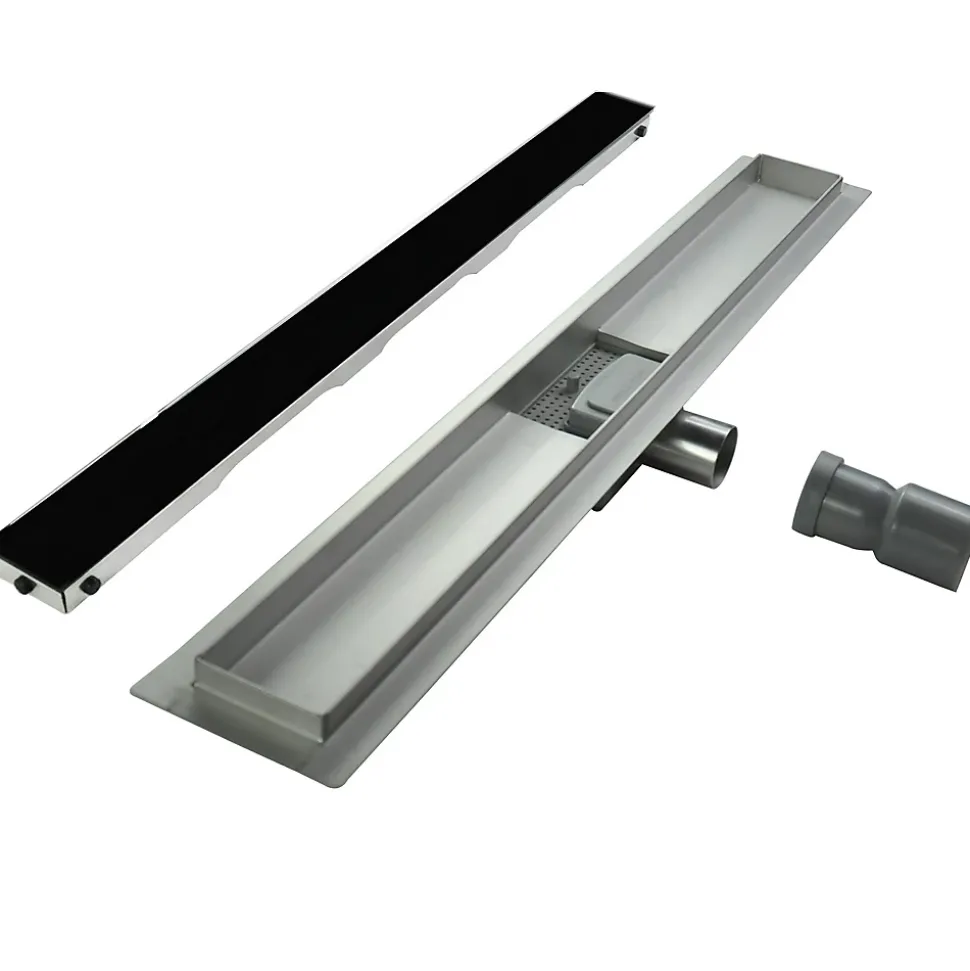 Caniveau de douche KODY L.60 cm verre noir et inox, siphon anti-odeurs, drainage performant -SANIVERRE