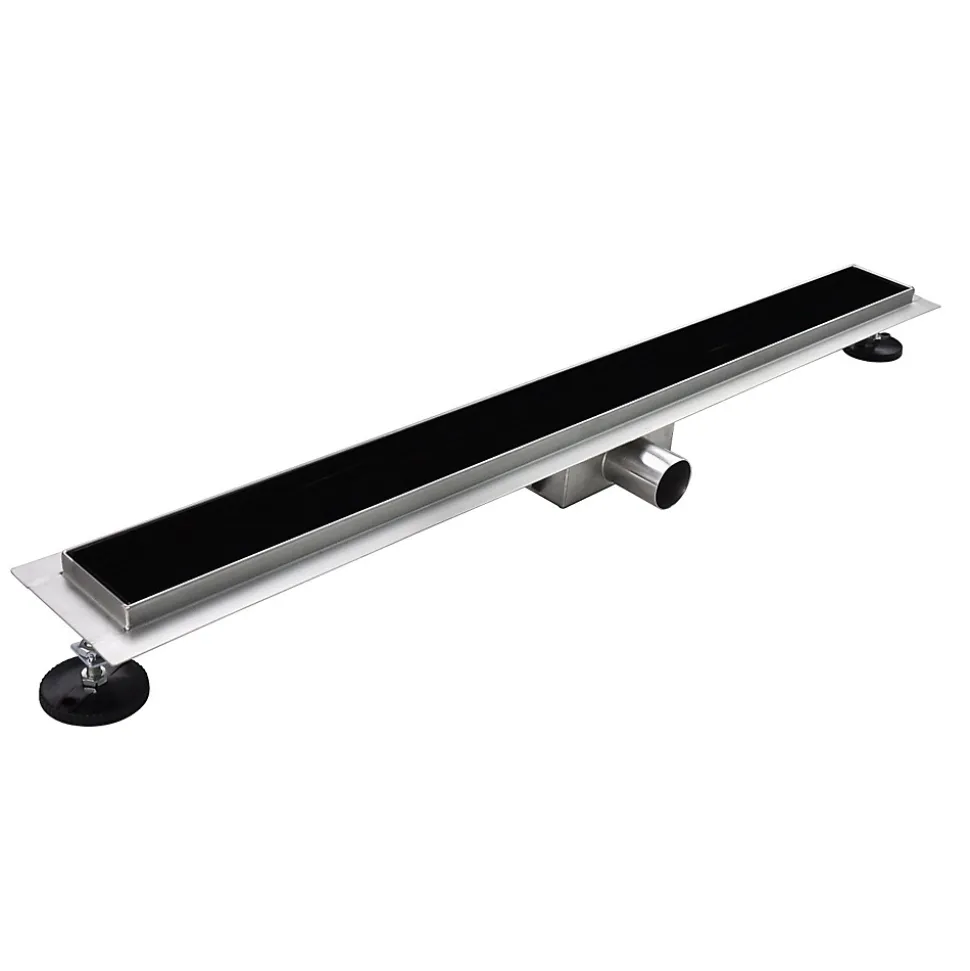 Caniveau de douche KODY L.60 cm verre noir et inox, siphon anti-odeurs, drainage performant -SANIVERRE