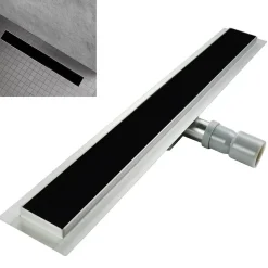 Caniveau de douche KODY L.60 cm verre noir et inox, siphon anti-odeurs, drainage performant -SANIVERRE