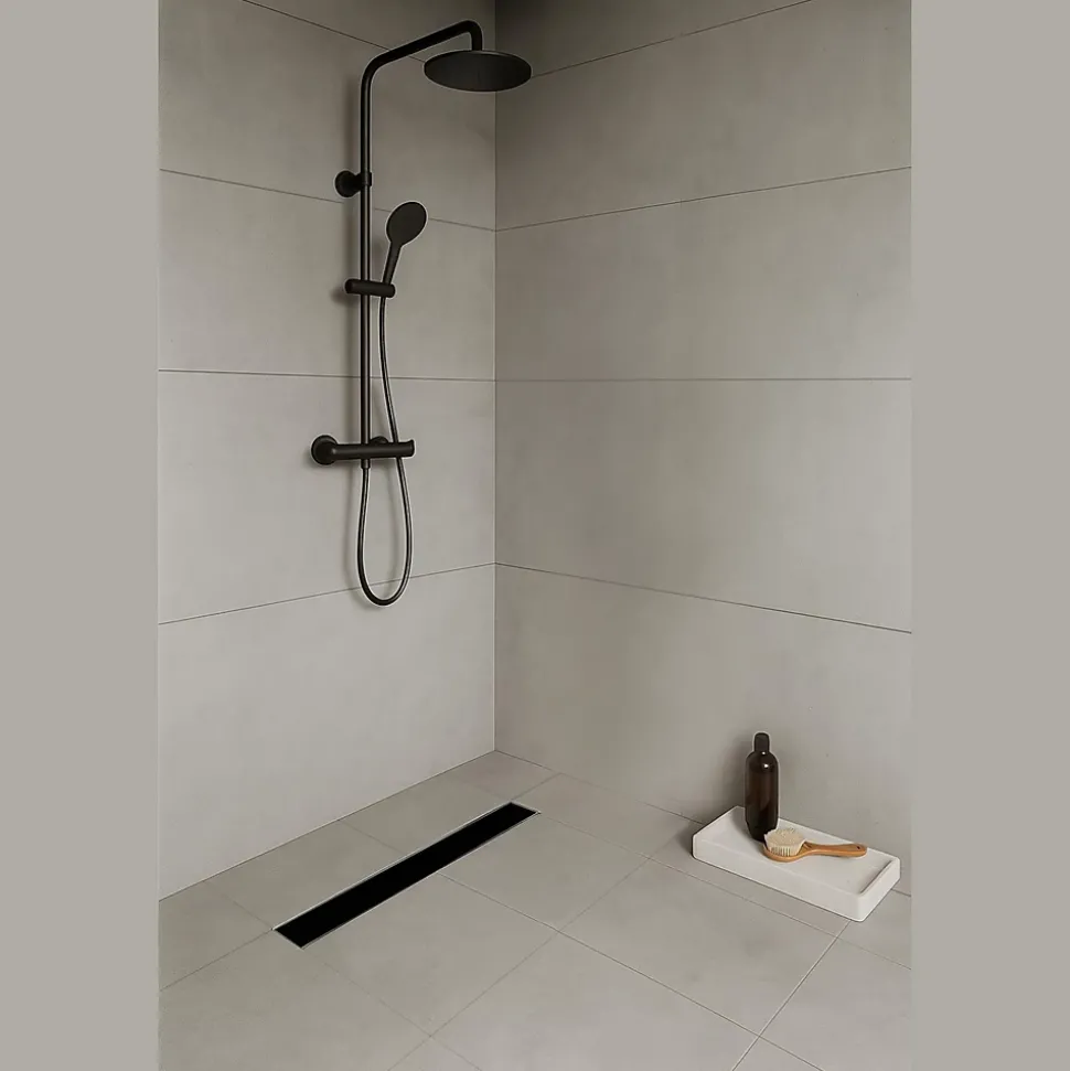 Caniveau de douche KODY L.60 cm verre noir et inox, siphon anti-odeurs, drainage performant -SANIVERRE