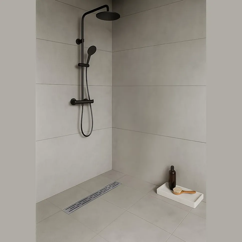 Caniveau de douche L.120 cm JAZY design linéaire, inox, anti-odeurs, drainage élevé - SANIVERRE