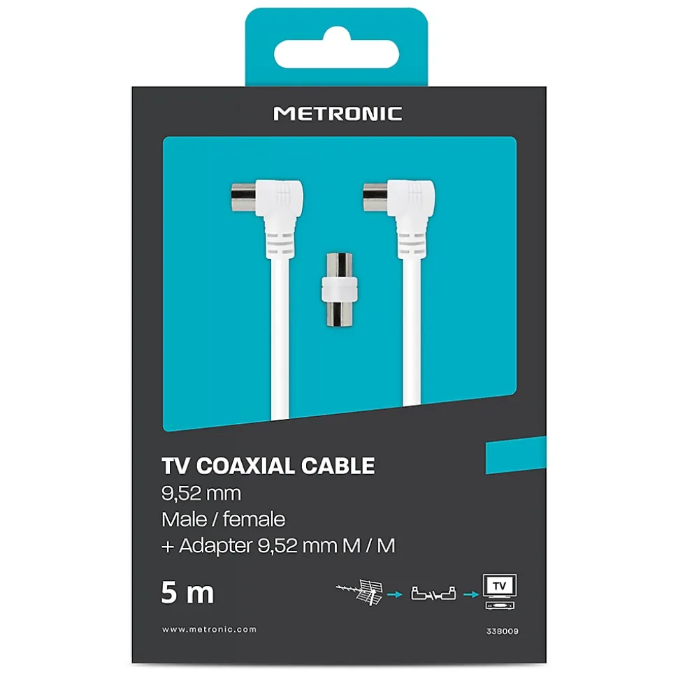 Câble TV coaxial 9,52 mm coudé mâle/fem. + adaptateur 9,52 mm - Metronic 338009