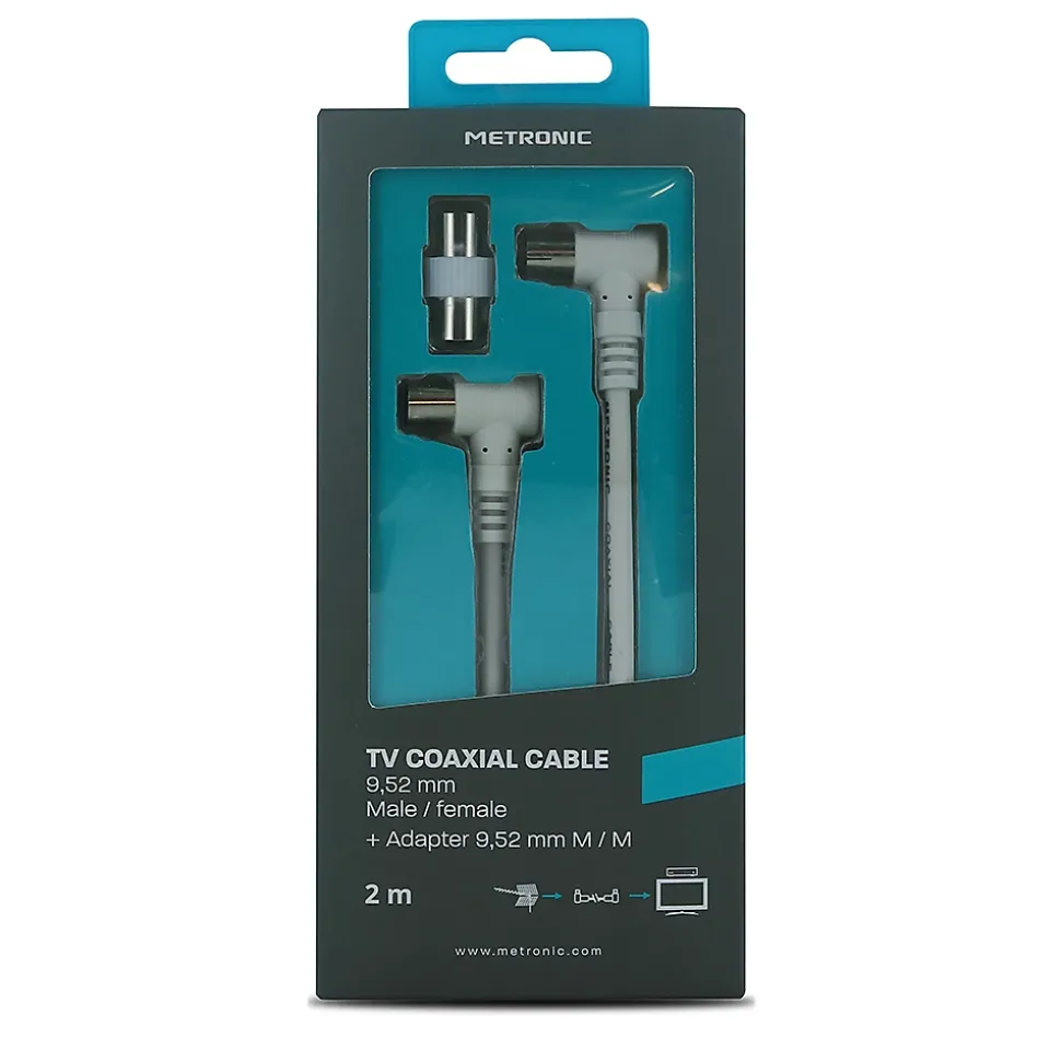 Câble TV coaxial 9,52 mm coudé mâle/fem. + adaptateur 9,52 mm - Metronic 338008