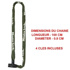 Chaîne antivol en acier avec revêtement nylon 1 m x Ø 8 mm Master Lock - Serrure à clé (4 clés)