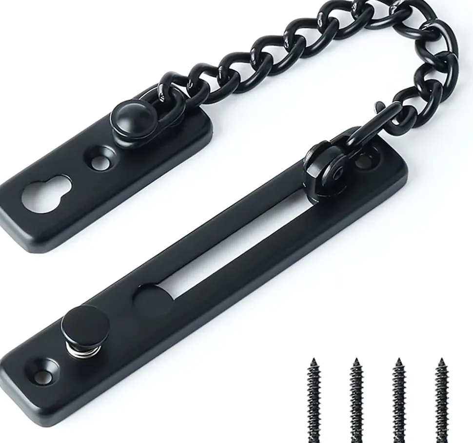 Chaîne de sécurité pour porte étroite, butée de porte à ressort, antivol, avec vis, acier inoxydable, finition noir mat
