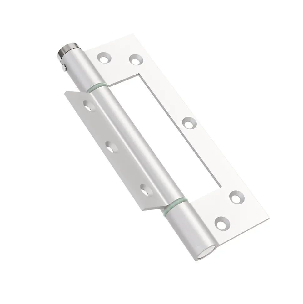 Charnière simple action à ressort, 150X40 mm, en aluminium anodisée argent posée totalement en applique, a lame centrée.