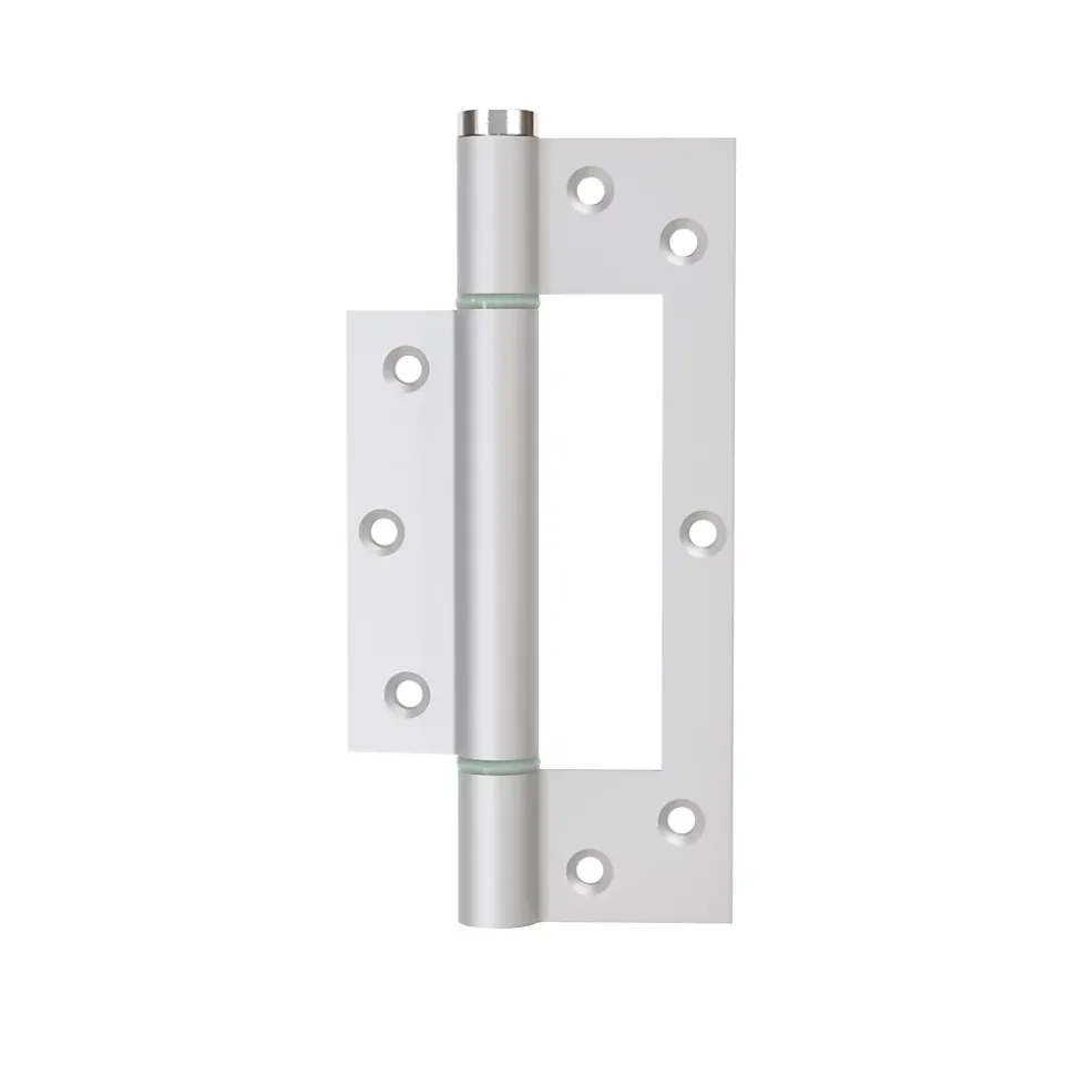 Charnière simple action à ressort, 150X40 mm, en aluminium anodisée argent posée totalement en applique, a lame centrée.