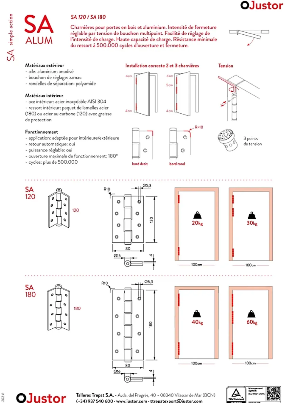 Charnière simple action à ressort, 120X40 mm, en aluminium anodisée or, pour porte de 40 mm