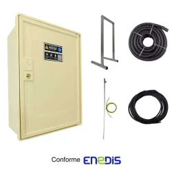 Coffret de chantier monophasé 3/6/9 kW - pack complet raccordement souterrain 3m conforme ENEDIS avec 1 prise et bornier IP2X