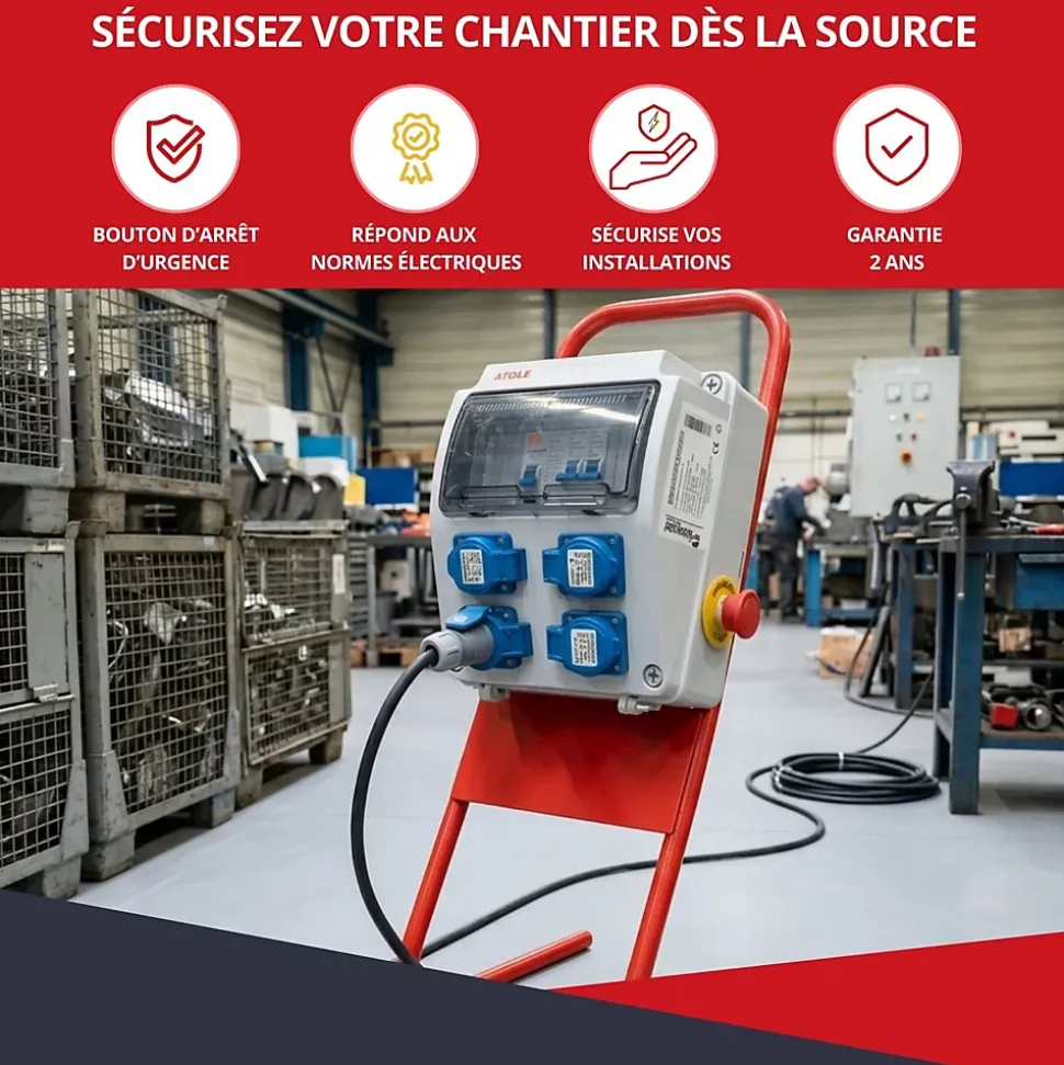 Coffret de Chantier Monophasé 230V ATOLE - 4 Prises NF 2P+T - 16A - 9 Modules - Coffret Électrique sans câble
