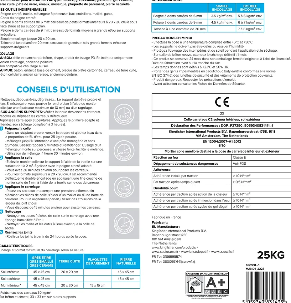 Colle carrelage sol int/ext et mur intérieur gris Volden C2E 5kg