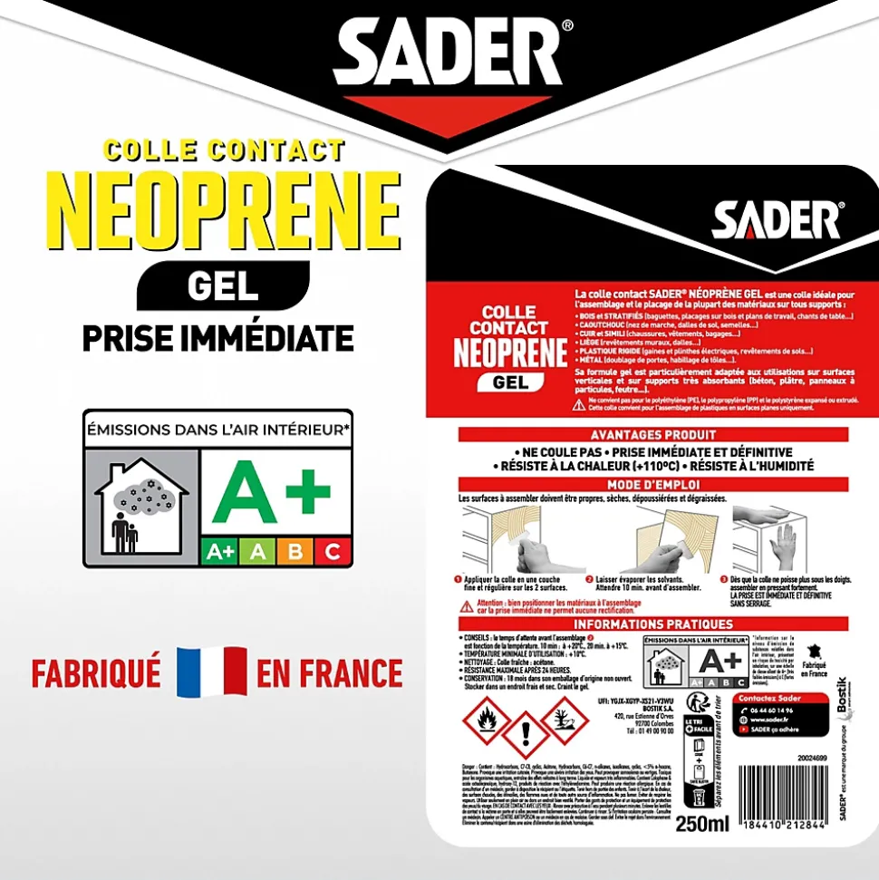 Colle contact néoprène en gel Sader tous matériaux pot de 250 ml