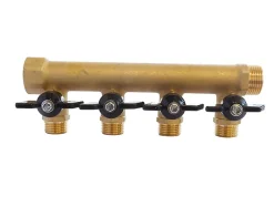 Collecteur laiton avec mini-vannes intégrées 2 départs M15/21 - Entrée F20/27 - Sortie M20/27 Somatherm for you