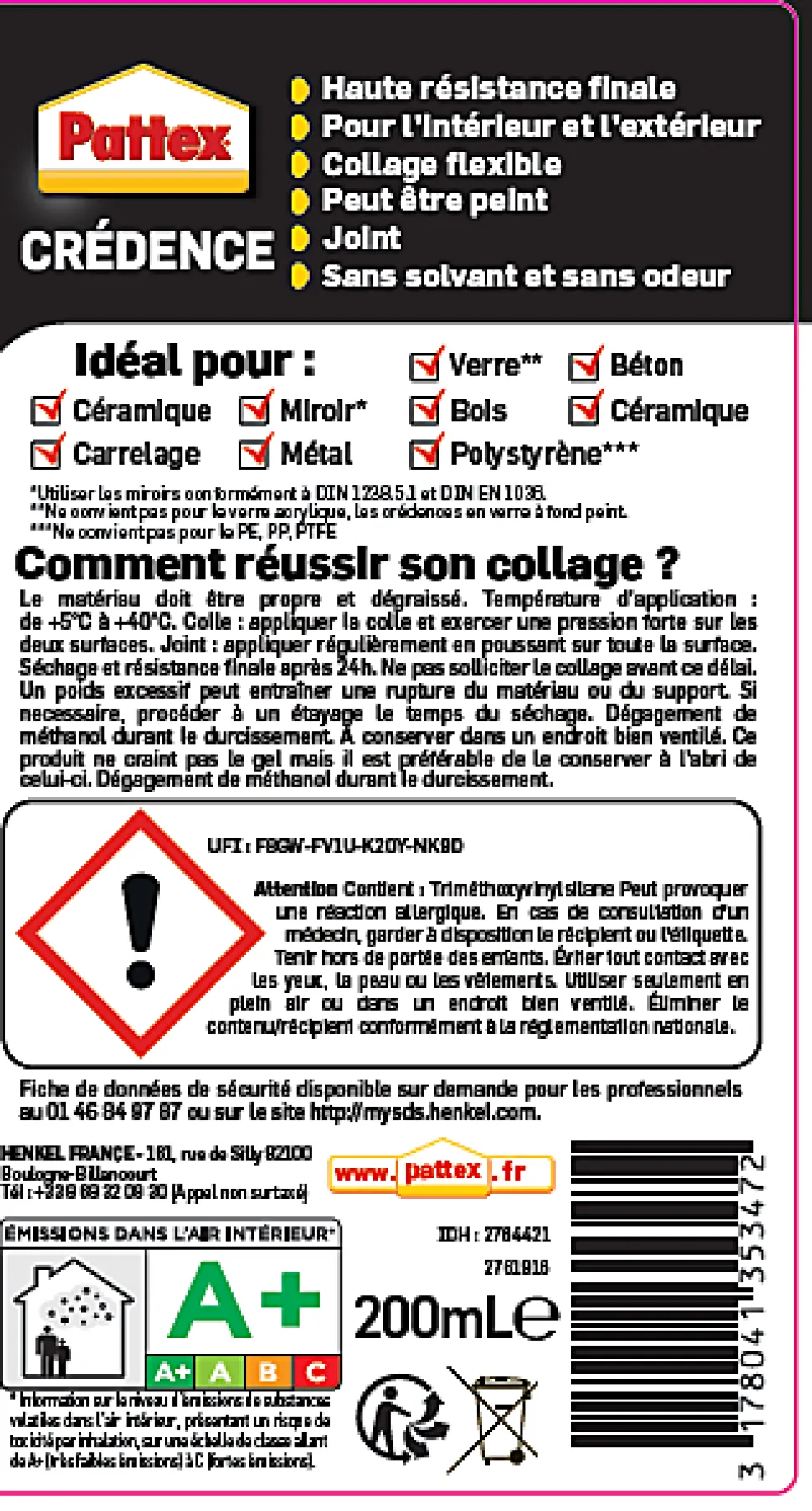 Colle de fixation crédence Pattex 216g