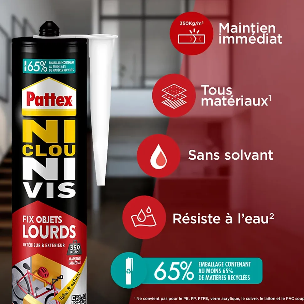 Colle de fixation Pattex Ni clou ni vis tous matériaux blanc 460g