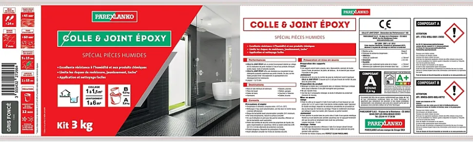 Colle et joint époxy noir spécial pièces humides 3 kg Parexlanko