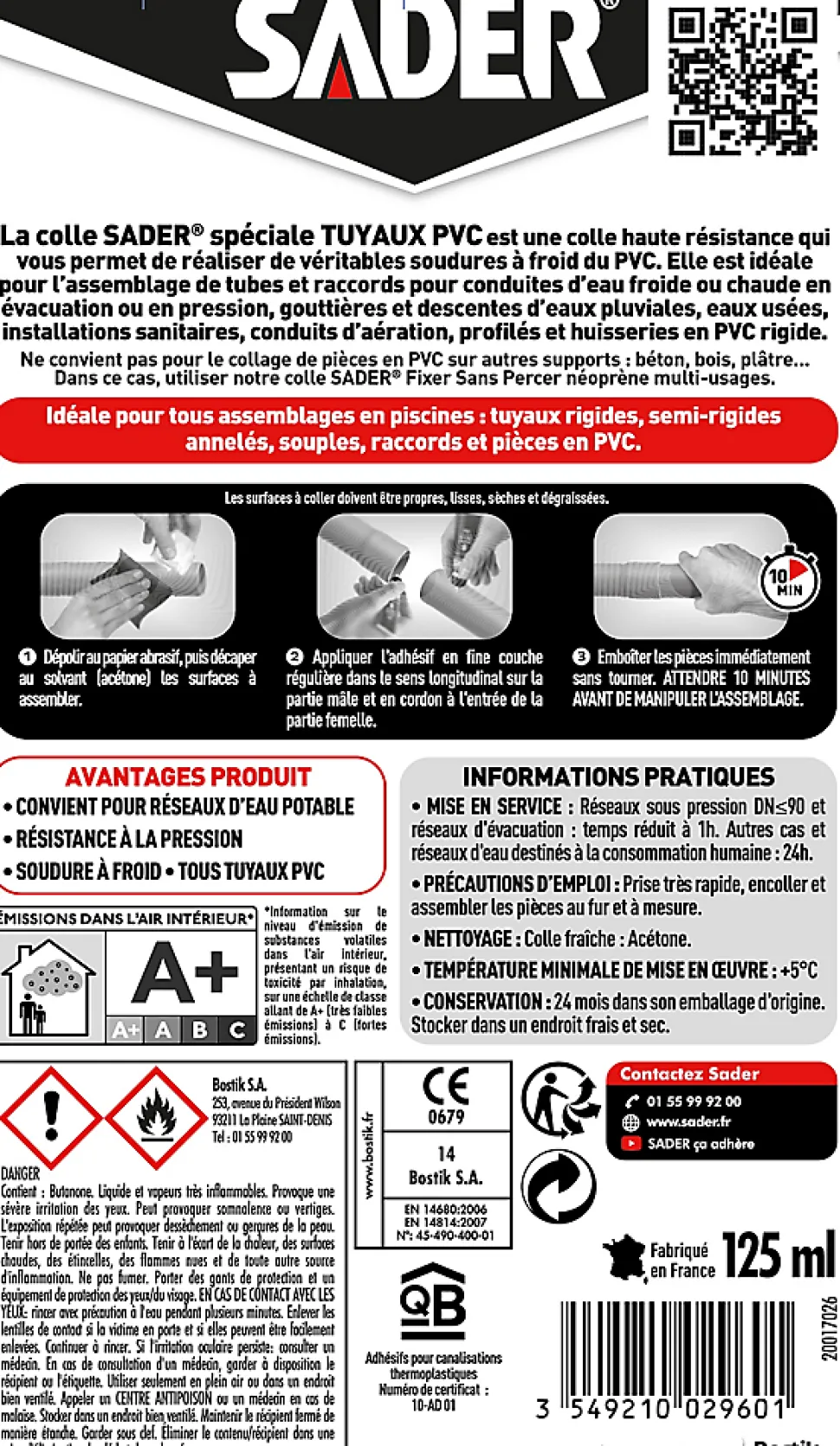 Colle Sader pour Raccords et Tuyaux en PVC Tube 125 ml